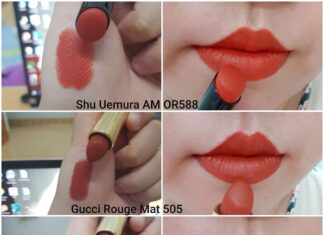 So sánh son Gucci 505, Estee Lauder 333 và Shu Uemura AM OR 588