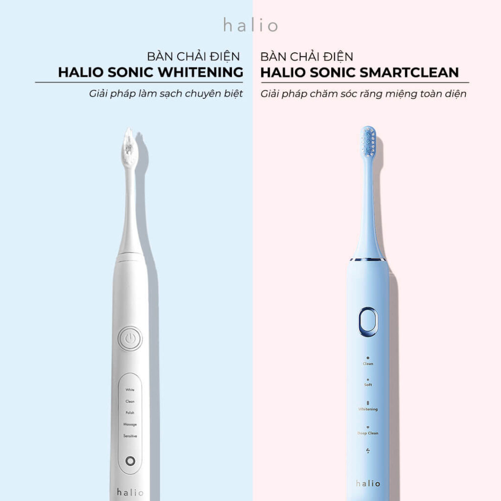 Bàn chải điện Halio Sonic Whitening phù hợp với nhu cầu làm trắng, sạch răng còn Halio Sonic SmartClean giúp bạn làm sạch và chăm sóc nướu toàn diện hơn.